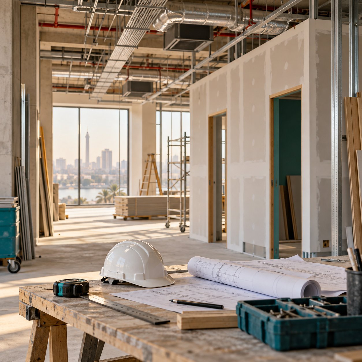 Interior fit-out works, safety helmet and plans — Site