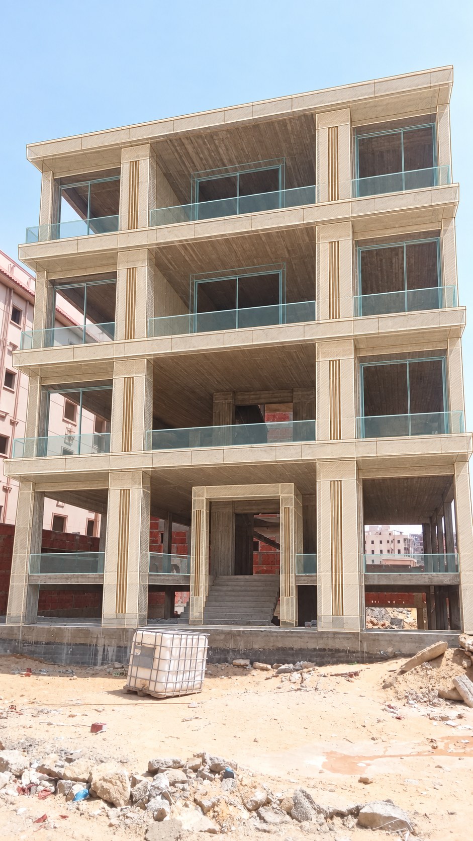 Beit El Watan - Unit 192 - الحي الرابع — Transparent facade sketch over raw concrete