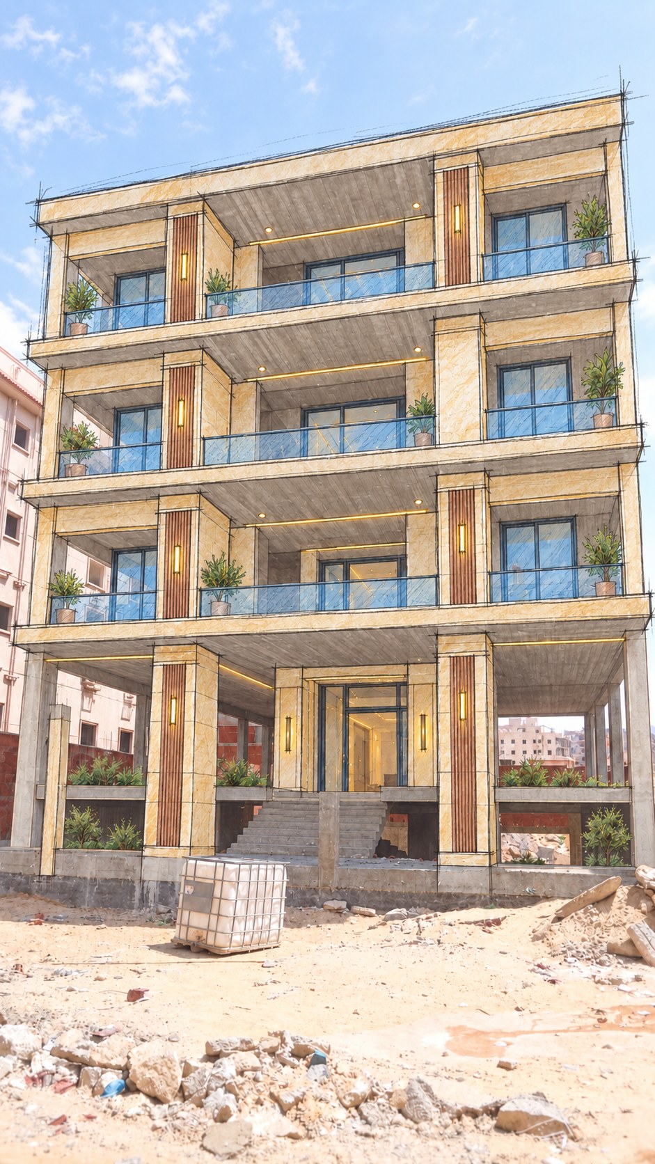 Beit El Watan - Unit 192 - الحي الرابع — Colored façade sketch over raw concrete