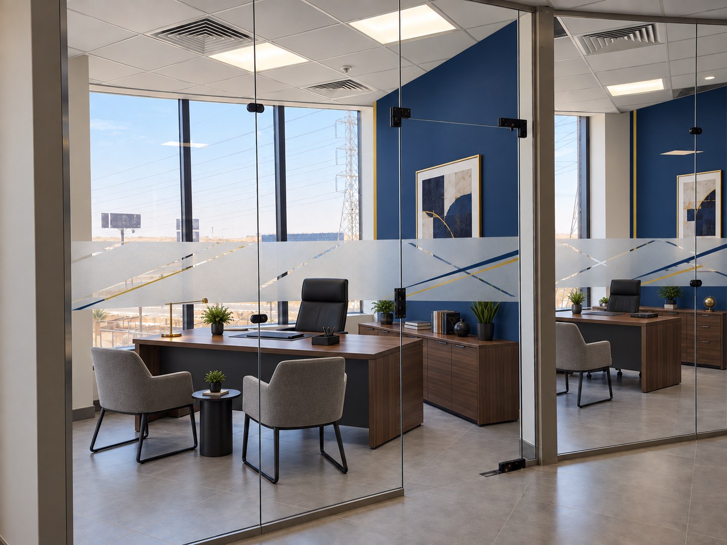 Mirage Mall - Head office design — Refined navy-walnut executive office suite