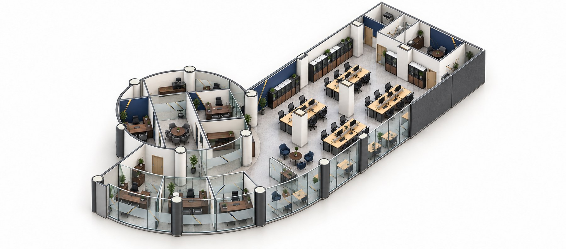 Mirage Mall - Head office design — Headquarters cutaway with walnut offices