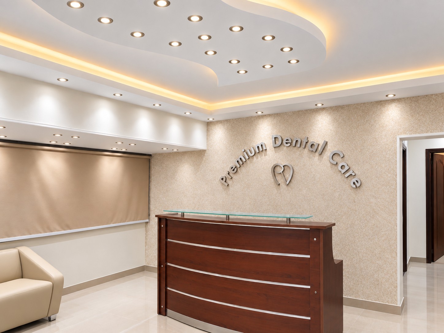 Premium Dental Care reception with clinic name and logo above the walnut reception desk
