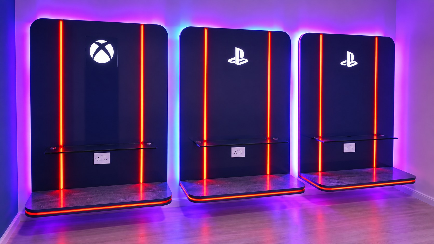 Raad Team gaming house — Three halo-lit gaming bays with red insets