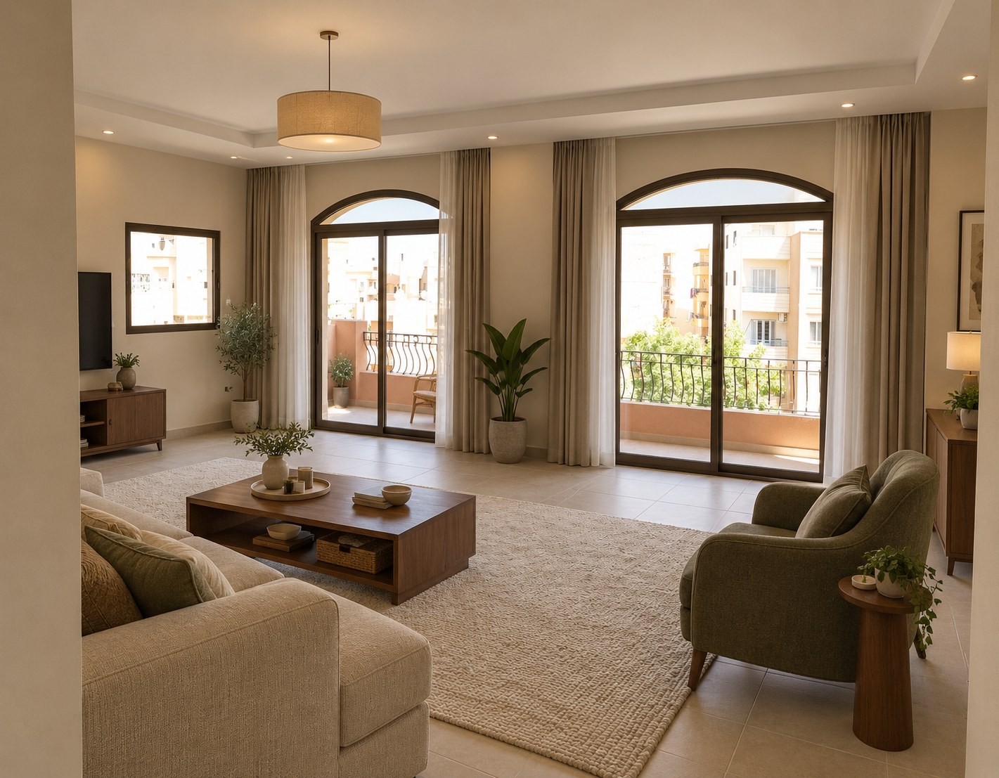 Residential renders — Warm ivory reception with arched balconies