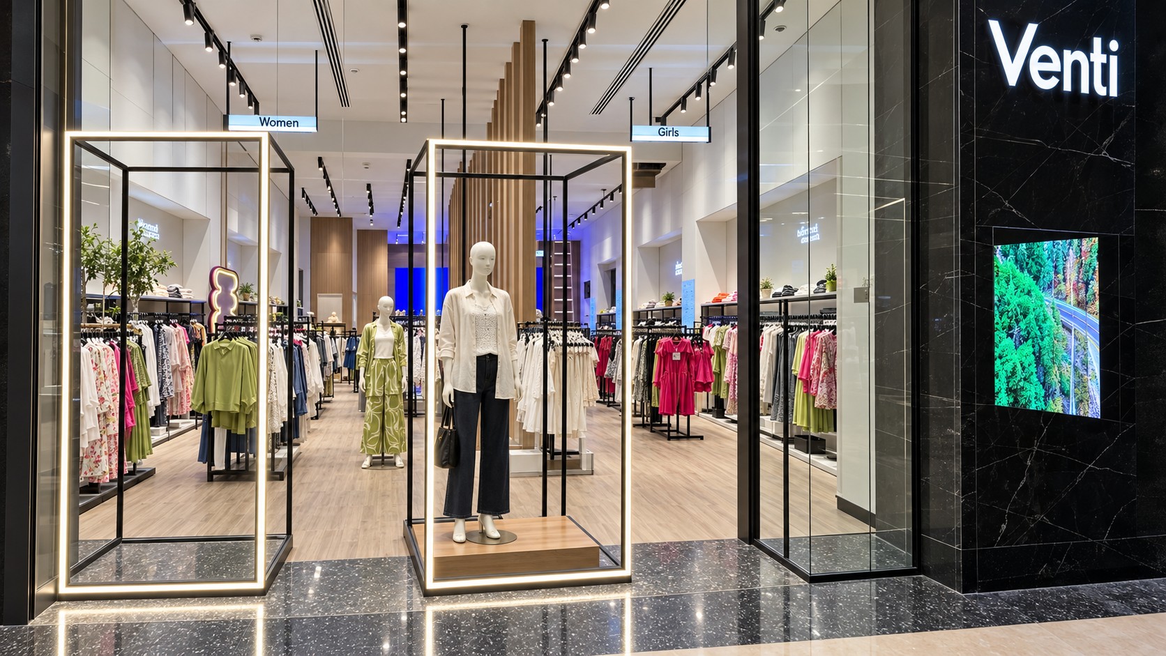 Venti - Mall of Arabia — Window display and branded black marble storefront