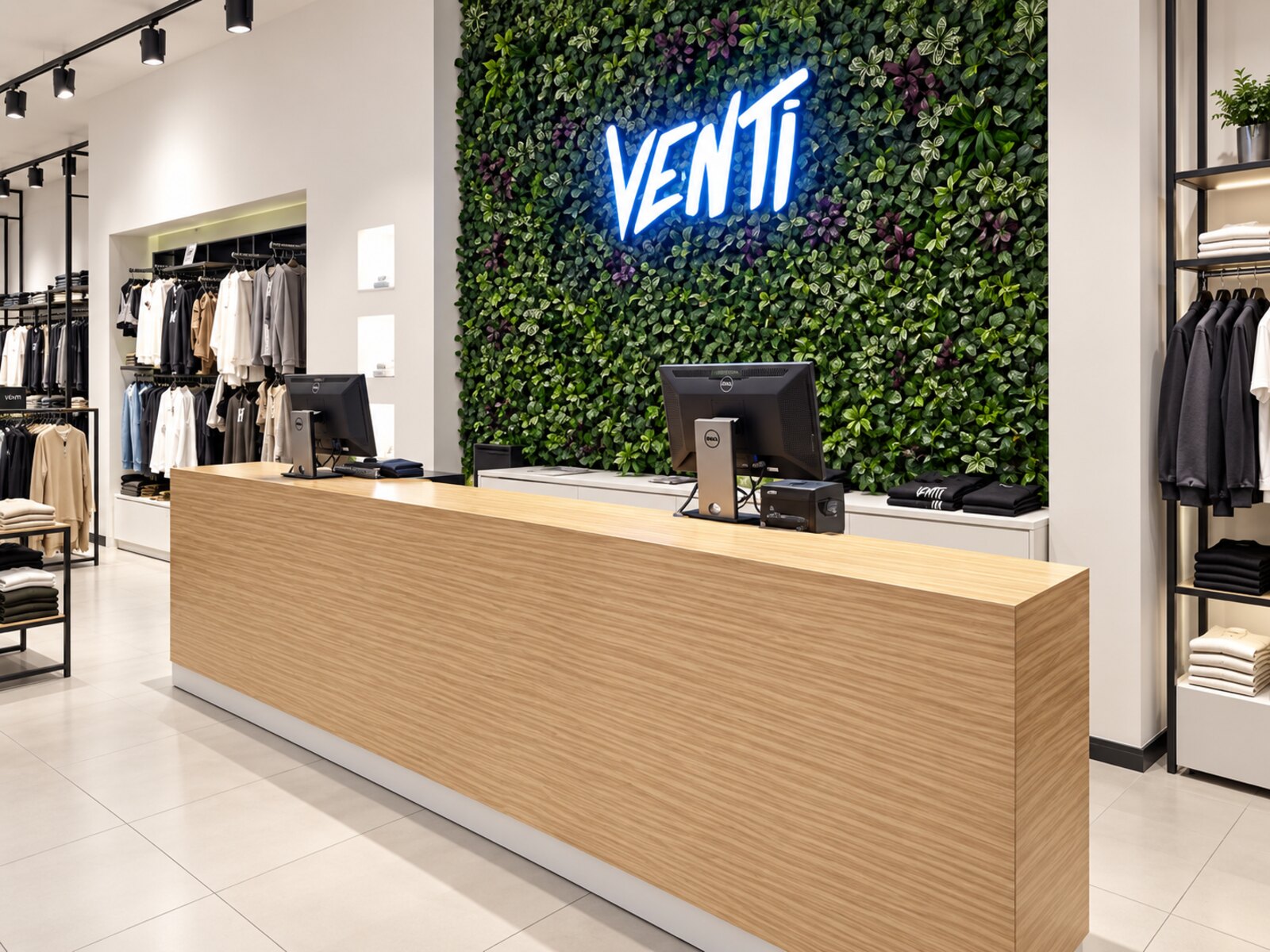 Venti, Cairo Festival City — earlier design — timber checkout counter and green feature wall